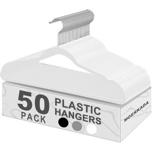 50 Pack Slim Plastic Clothes Hangers,White | 17.7 in adult size, 0.2 in profile, non-velvet ABS, anti-slip grooves, Closets/dorms/laundry
