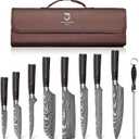 DRAGON ROIT Japanese Knives Set Damascus Pattern Chef Knife Set for Kitchen with Roll Bag, Sharp Stainless Kitchen Knife Set Brown Handle
