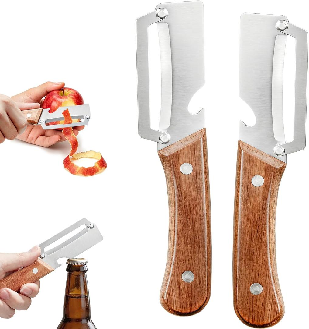 2 x Left & Right Hand Vegetable Peeler Set with Bottle Opener, Heavy-Duty Thick Stainless Steel Blade, Durable Wooden Handle Kitchen Peeler for Fruits & Vegetables