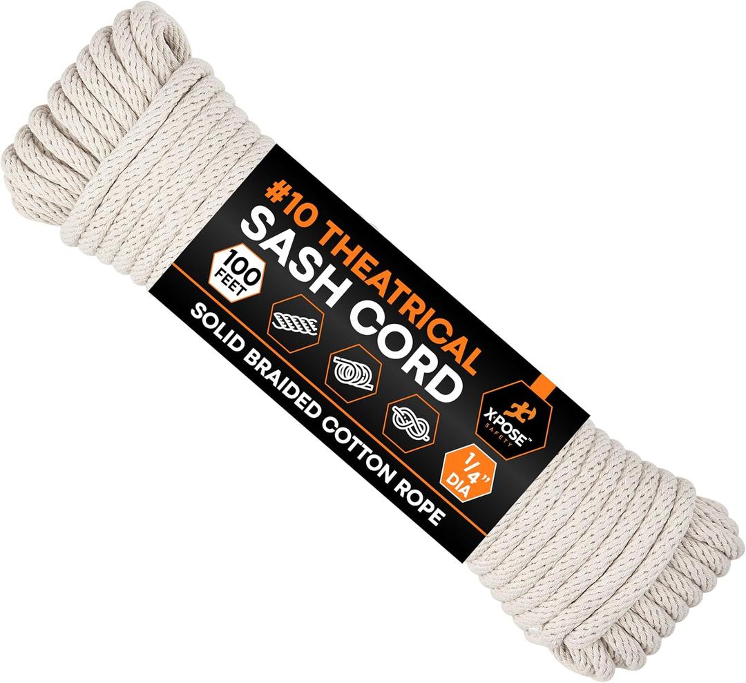 Xpose Safety #8 Sash Cord Rope 1/4 Inch x 100 Ft, White Cotton Cord with Nylon Core, Window Sash Rope for Weighted Windows, Clothesline, Tie Down, Camping & DIY, 1-Pack