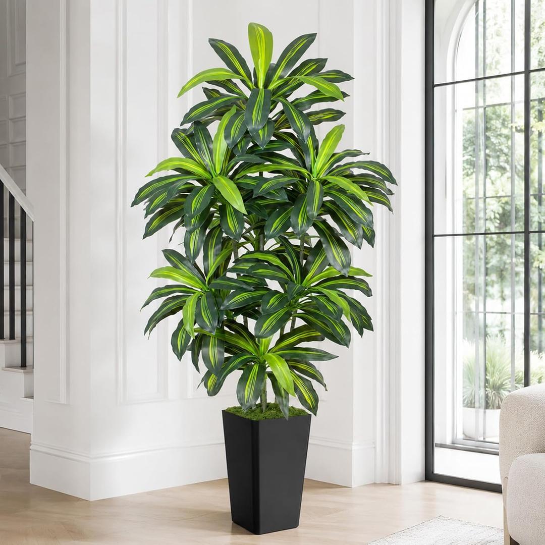 7FT Artificial Dracaena Tree - High-Density Foliage Fake Plant with Black Tall Planter - Faux Yucca Floor Plant for Home Office Decor Indoor