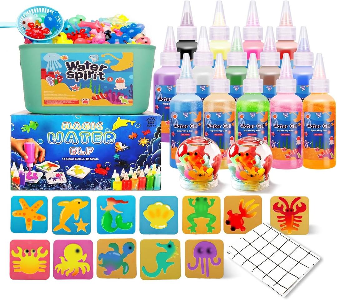 Magic Water Elf Toy Crafts Kits with Tablecloth for Kids - Squishy Maker Aqua Fairy Water Gel Kit with 14 Magic Gels+12 Molds DIY Water Pets Christmas Craft Gifts for Kids Boys Girls Ages 5-12