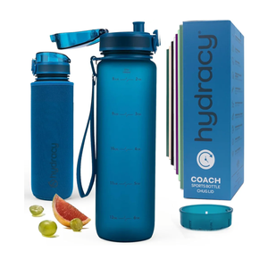 Hydracy Water Bottle with Time Marker -Large BPA Free Water Bottle & No Sweat Sleeve -Leak Proof Gym Bottle with Times to Drink - Ideal for Fitness Sports & Outdoors