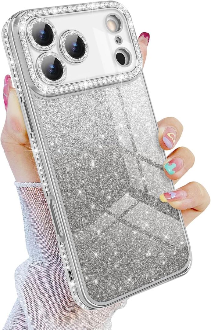 Newseego for iPhone 17 Pro Max Case, Luxury Glitter Sparkly Rhinestone Plating Clear Case with Bling Camera Lens Protector for Women Girls Soft TPU Bumper Shockproof Cover for iPhone 17 Pro Max-Silver