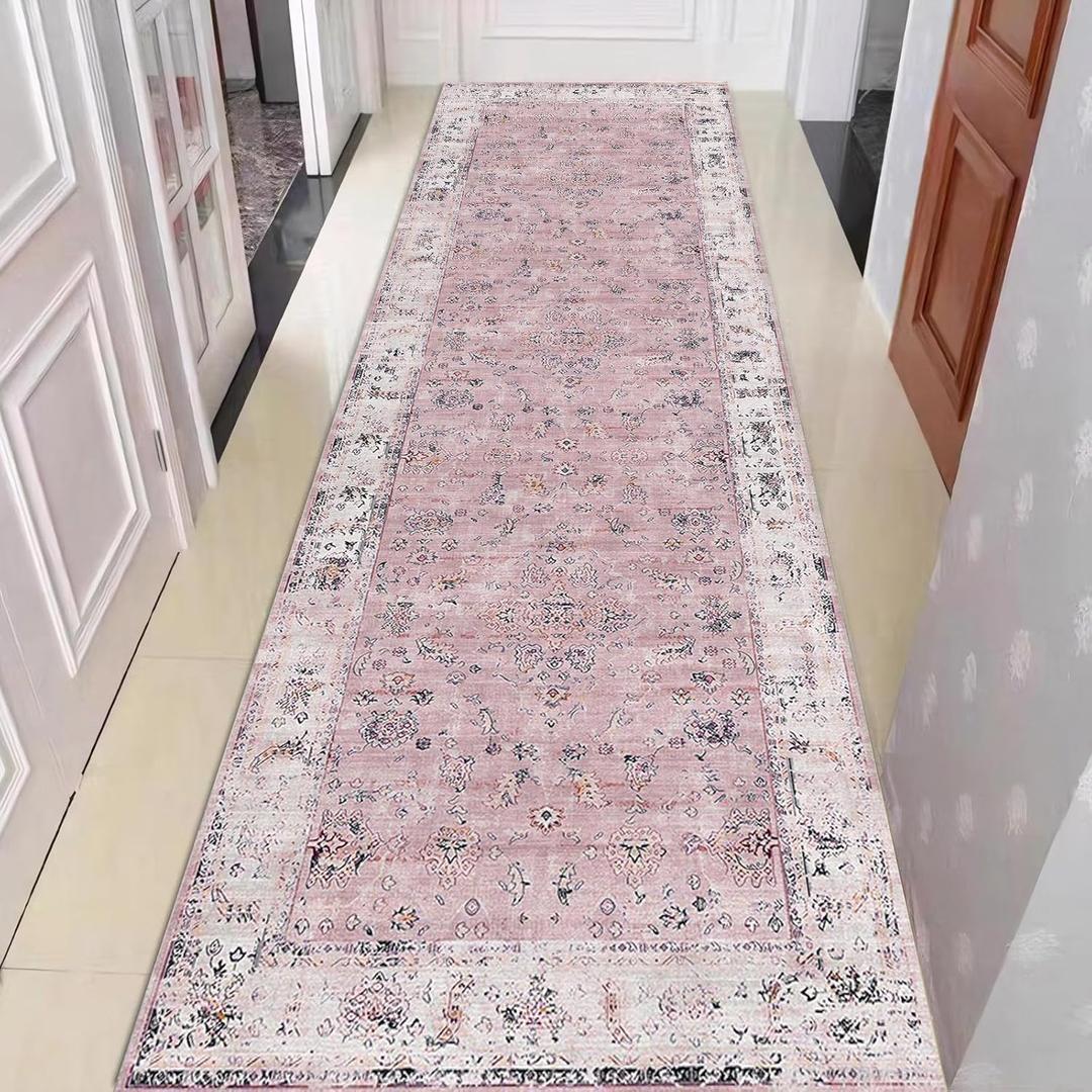 2x6 ft (Boho Pink) Hallway Runner Rug Washable Vintage Non Slip Carpet Runners for Hallways Entryway Kitchen Laundry Room Bathroom