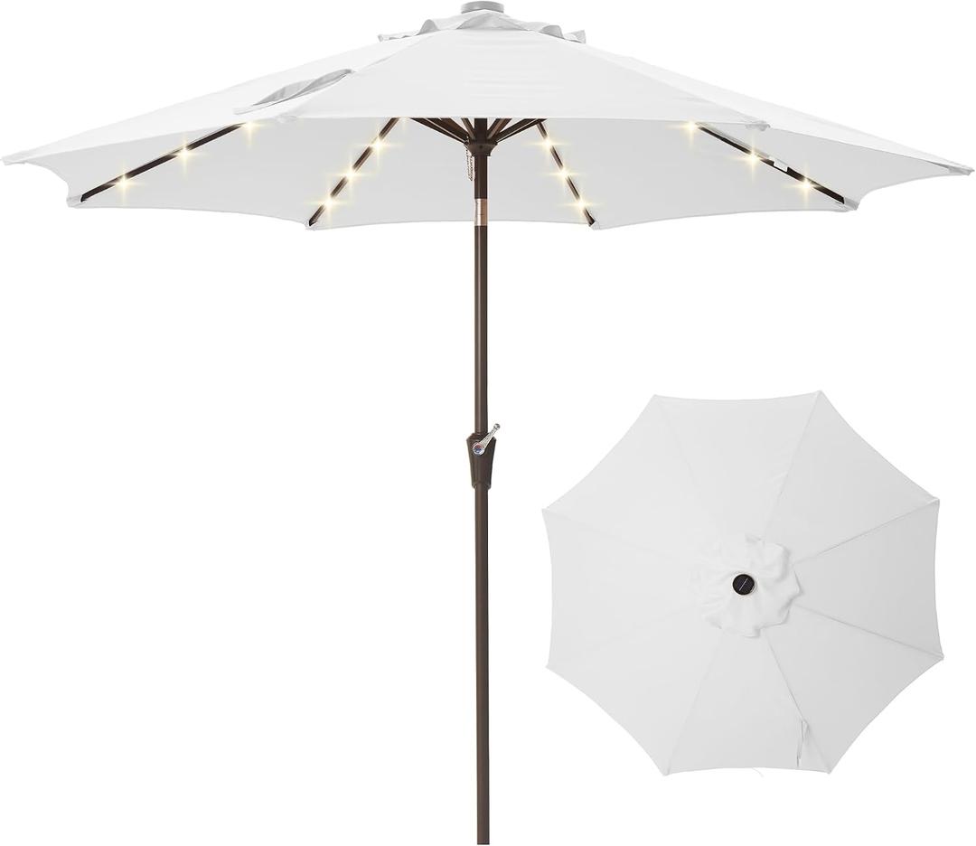 9FT Solar-Powered LED Patio Umbrella with Tilt Crank,Outdoor Market Umbrella with 32 Lights,Sunshade for Deck, Garden and Pool