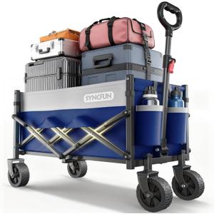 SYNCFUN Collapsible Wagon Cart Foldable 300lbs, Portable Rolling Shopping Carts on Wheels, Folding Sport Beach Wagons All Terrain, Heavy Duty Garden Utility Cart for Groceries Fishing, Blue