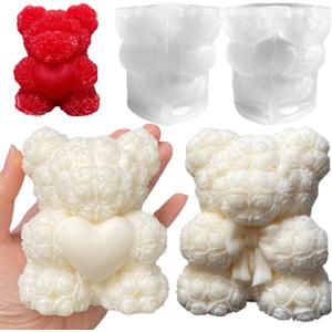 2-Pack 3D Rose Bear Candle Molds, Valentine's Day Silicone Molds, DIY Paint Your Own Heart or Bow-Tie Rose Bear Candle, Home Gifts Making Wax Ceramic Clay Mother's Day Gift
