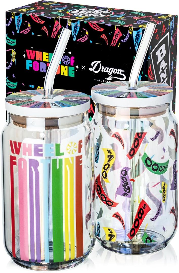 Dragon Glassware x Wheel of Fortune Drinking Glasses - 16 oz Glass Cups with Lids and Straws Set of 2 - Clear Iced Coffee Cups with Lids - Reusable Glass Tumbler with Straw and Lid