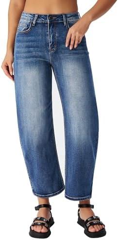 Roswear Women's Barrel Jeans Petite Wide Leg Cropped Stretchy Baggy Denim Pants XL