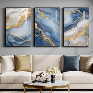Large Framed Abstract Wall Art for Living Room, Modern Luxury 3 Piece Blue Gold White Prints Paintings for Walls, Elegant Marble Pattern Pictures for Dining Bedroom Hallway Office Home Decor 24x36 In