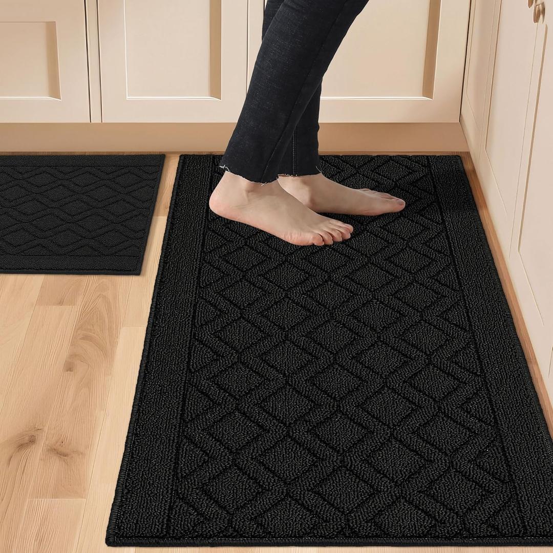 COSY HOMEER 48x20 Inch/30X20 Inch Kitchen Rug Mats Made of 100% Polypropylene 2 Pieces Soft Kitchen Mat Specialized in Anti Slippery and Machine Washable,Black (20"x30"+20"x48")