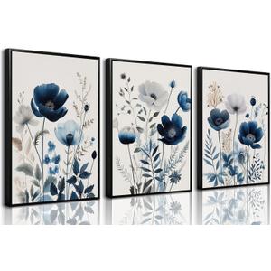 BingruiArt Navy Blue Wall Art Canvas Abstract Floral Painting Blue and Gray Posters Watercolor Flower Decor Wildflower Pictures Botanical Prints for Living Room Bedroom Bathroom 3 Pcs 16"x24" Black Framed