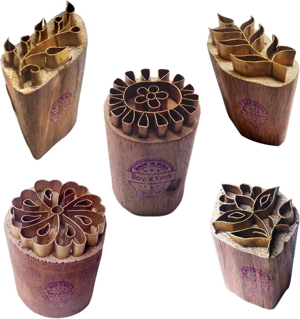 Royal Kraft Floral Brass Wooden Printing Stamps (Set of 5) - DIY Fabric, Clay, Pottery Blocks BHtag0005