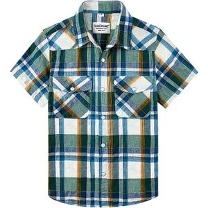 TUNEVUSE Boys Western Shirts Pearl Snap Short Sleeve Casual Plaid Button Down Kids Shirt 100% Cotton (Blue) 11-12Y  