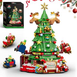 Christmas Tree Building Set with Lights, Christmas Tree Building Blocks Set with Music Box, Flying Reindeer, and Santa Claus Riding a Sleigh, Christmas Toy for Kids 8+ (881 PCS)