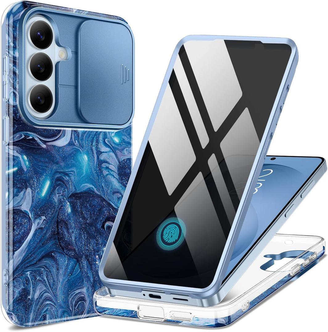 GVIEWIN for Samsung Galaxy S26 Plus Case,[Slide Camera Cover & Built-in Privacy Screen Protector] [Military-Grade Shockproof] Marble Full Body Protection Phone Case for S26+ Plus 6.7",Star Abyss/Blue