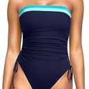 Yonique Women Strapless One Piece Swimsuit Tummy Control Bandeau Bathing Suit Cheeky Swimwear Navy Blue Color Block S