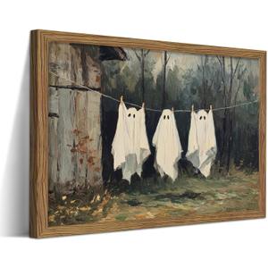 Halloween Ghost Wall Art, Vintage Rustic Cottage Clothesline Ghost Canvas Wall Decor Painting, Gothic Spooky Farmhouse Halloween Artwork Prints Pictures for Bedroom Bathroom 12X16 Inch Wood Framed