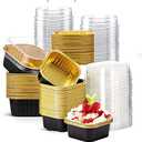 67 pcs Mini Square Baking Cups, 10 oz Aluminum Foil Mini Cake Pans with Lids, Aluminum Foil Cupcake Flan, Muffin Liners, Custard Cake Cups, Catering Gathering Favor (black)