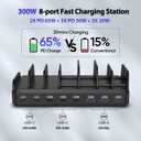 300W Charging Station for Multiple Devices, 8 Port Multi USB C Fast Charger Station Dock for MacBook iPhone 17/16/15/14/13/12 Samsung Pixel Series iPad, Black (6 Mixed Short Cables Included)