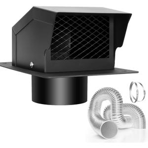 4 Inch Roof Vent Kit, Removable Roof Vent, Bathroom Exhaust Roof Vent for Dryer, 4 Inch Galvanized Steel with Damper,5FT Aluminum Ducting and Duct Clamps (4IN) (Black)