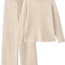 LILLUSORY Women's 2 Piece Outfits Turtleneck Sweaters Lounge Set and Wide Leg Pants Cozy Knit Sweatsuit Sets (Medium, Apricot)