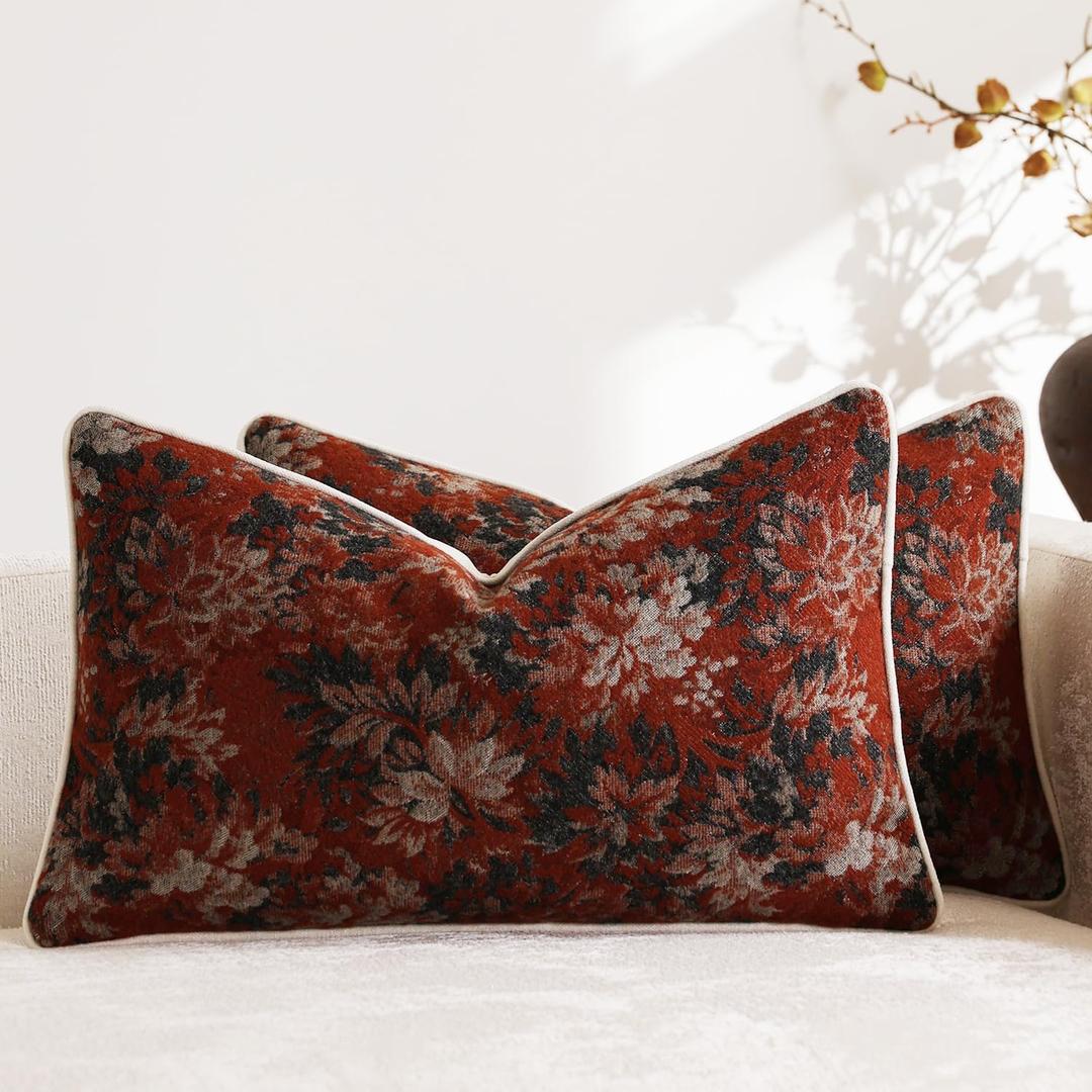 Pack of 2 Vintage Floral Pillow Covers 12x20 Christmas Boho Farmhouse Accents Chenille Rectangular Lumbar Decorative Throw Pillow Cases for Living Room Couch Bed Home Decor, Rust