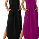 Ficerd 2 Pcs Women's Maxi Dresses Summer Sleeveless Beach Long Dress V Neck Casual Loose Split Sundress with Pockets (M)