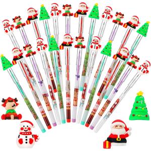 BBTO 24 Pcs Christmas Pencils Bulk Multi Point Stackable Push Pencil with Topper, Santa Claus Snowman Elk Xmas Tree Pens for Rewards Gift, Party Supplies, Christmas Stocking Stuffer