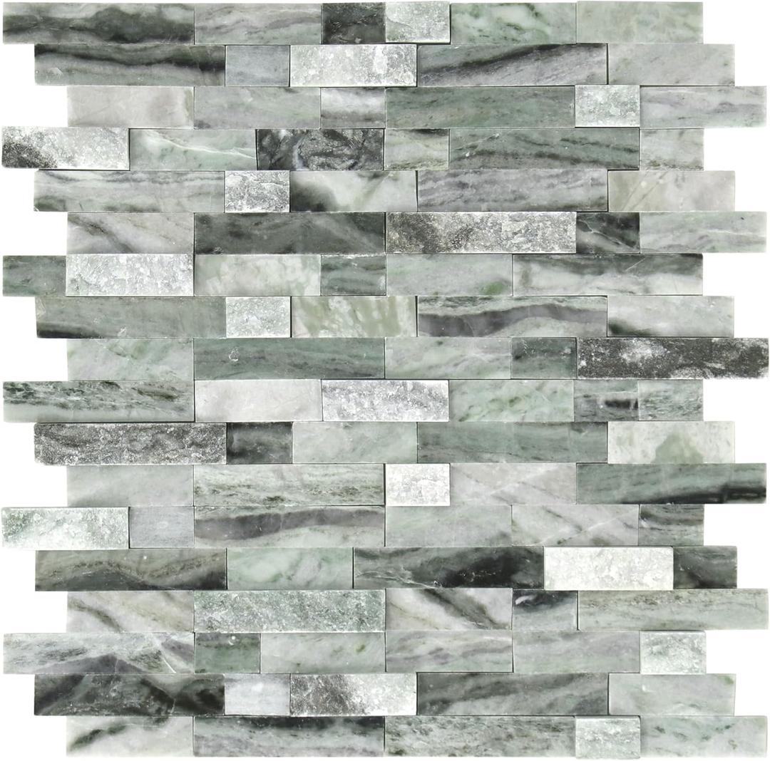 SUNWINGS 5-Sheet Peel and Stick Mosaic Natural 3D Stone Self Adhesive Marble Tiles, 11.5" x 10.7" Stick on Backsplash for Kitchen Bathroom Fireplace Vanity, Emerald Green
