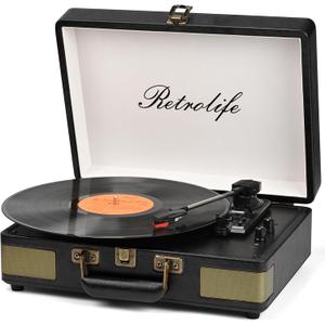 Retrolife Record Player 3 Speed Bluetooth Portable Suitcase Vinyl Player with Built-in Speakers Turntable Enhanced Audio Sound PU Leather VintageAmazon's Choice