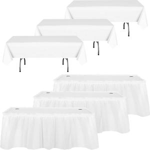 Oudain 6 Pcs Plastic Table Skirts and Stain Proof Table Cloths 54 x 108 in Plastic Tablecloth 168 x 29 in Disposable for Wedding Baby Shower Valentine Easter Party(White)