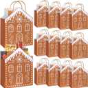 Kolldenn 24 Pcs Kraft Christmas Gingerbread Paper Gift Bags with Handles Reusable Gingerbread House Shaped Goodies Treat Candy Bags Bulk 10.6 x 3.1 x 7.1 Inch for Wrapping Holiday Xmas Party Favors