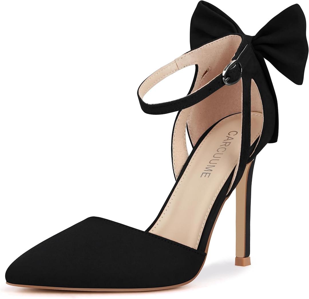 Carcuume Womens Bow Tie Back Heels Close Toe Pumps Stiletto High Heels Wedding Shoes Ankle Strap Heel Sandals (8, Black)