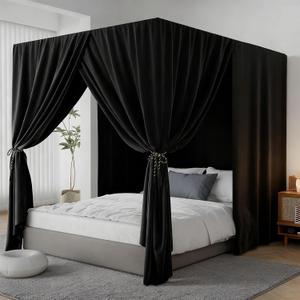 Black Canopy Bed Curtains - 4 Corner Post Bed Curtains Queen Lightproof Siamesed Drapes Bed Canopy for Adults & Girls Bedroom Decoration(Black,Queen)