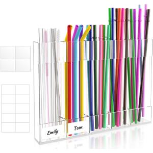9.8 Large Acrylic Straw Holder for Cabinet Door with Ultra Sticky Adhesive Squares and Stickers, 2025 Reusable Straws Organizer Storage Dispenser for Kitchen Counter Cupboard(Transparent)