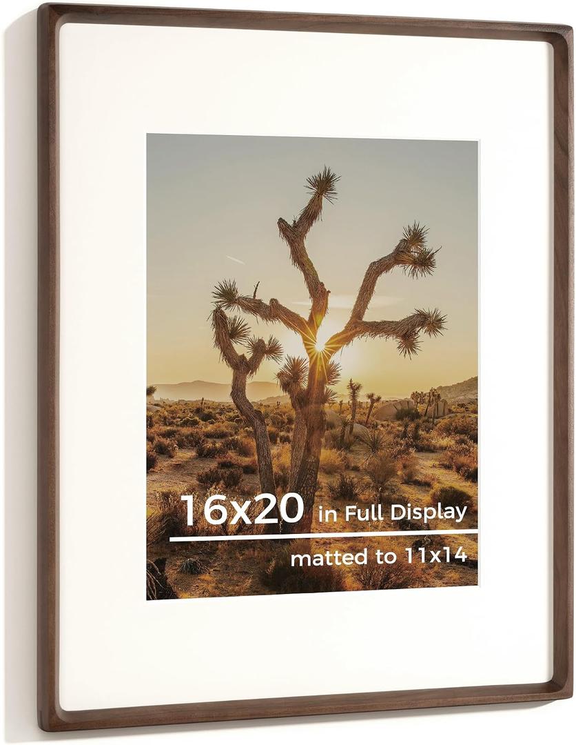RICHFOCUS 16x20 Picture Frame USA-Sourced Natural Walnut Solid Wood Photo Frame Handcrafted Rounded Corner Wooden Frame with Real Glass Display Photos 11x14 with Mat or 16x20 Without Mat, 16x20-1PC