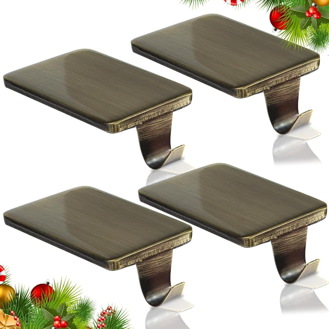 HMASYO Christmas Stocking Holders for Mantle Set of 4, Heavy Duty Cast Iron Stocking Hangers Base, Low Profile Weighted Stocking Holder Hooks for Fireplace Tabletop Shelf Christmas Decoration, Bronze