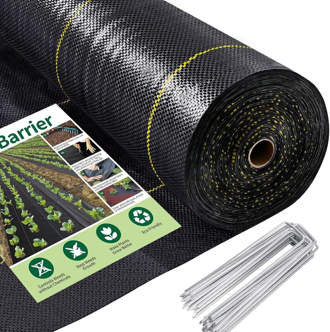 UPGRADE 5ft x 300ft Premium Weed Barrier Landscape Fabric, 3.5oz Heavy Duty Garden Woven Ground Cloth with Superior Permeability Weed Control Includes 90 Staples