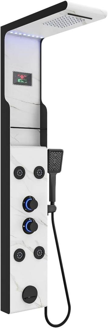 ELLO&ALLO LED Rainfall Shower Head and Rain Massage System with Body Jets Stainless Steel Bathroom Shower Panel Tower System with Shelf, Marble&Black