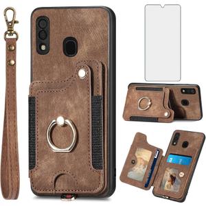Phone Case for Samsung Galaxy A20 A30 Wallet Cover with Tempered Glass Screen Protector and Wrist Strap Lanyard RFID Credit Card Holder Ring Stand Cell Accessories M10s A 30 20A SM A205G Women Brown