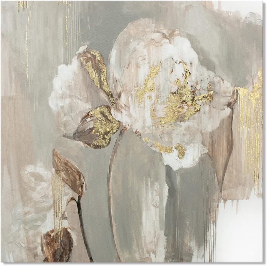 Goldfoilart Floral Wall Art Gold Pictures White Flower Canvas with Gold Foil Embellishment Paintings Textured Poster Framed Artwork for Living Room Bedroom Office Decorations 32" x 32"
