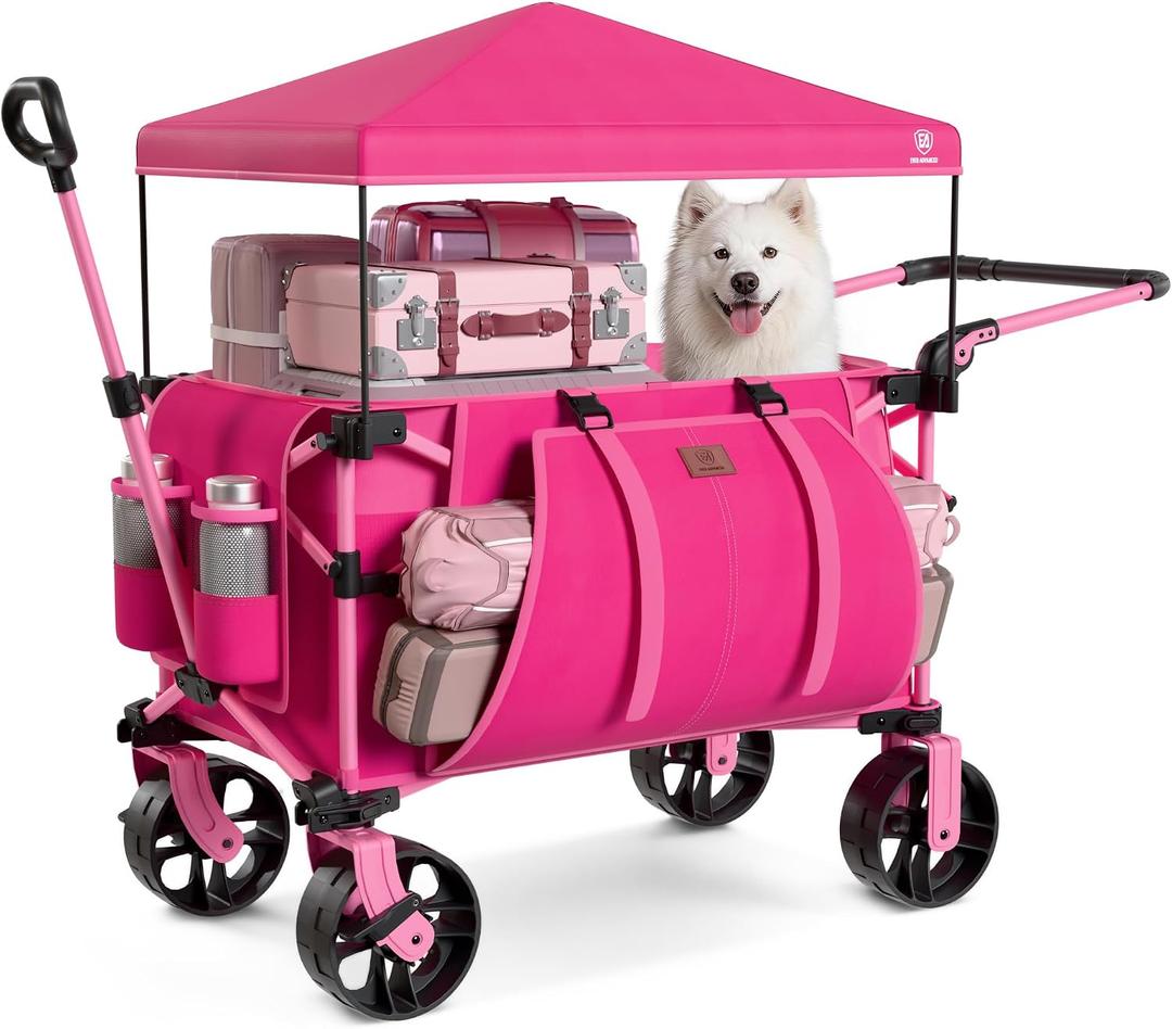 EVER ADVANCED Folding Push Wagon with Canopy, Portable Shopping Cart with Brakes, Collapsible Wagon Cart with All-Terrain Big Wheels for Camping, Beach, Sports