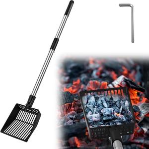 Long Handle Fireplace Ash Sifter, Hollow Out Metal Coal Shovel Adjustable Charcoal Shovel Scoop Heat Resistant Fireplace Tools for Wood Stove Fire Pit Grill (26inch/36inch)