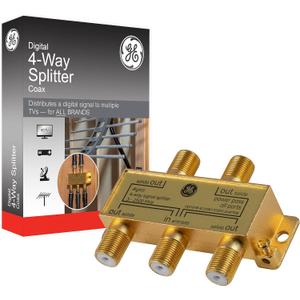 GE Digital 4-Way Coaxial Cable Splitter, 2.5 GHz 5-2500 MHz, RG6 Compatible, Works with HD TV, Satellite, High Speed Internet, Amplifier, Antenna, Gold Plated Connectors, Corrosion Resistant, 33527 (1 Pack)