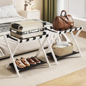 oakvivo Fully Assembled 2 Pack Luggage Rack with Fabric Storage Shelf, 26.77" Bamboo Folding Luggage Rack for Guest Room, Luggage Stand Holder, Thickened Suitcase Stand Holds up to 165 Lbs, White