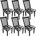 Stretch Dining Chair Seat Covers Set of 6,Dining Chair Slipcovers, Floral Printed Chair Covers,Soft Fabric Washable Upholstered Chair Seat Protector, No Rear Covers for Home Kitchen Dining Room (Black Base White Rose)
