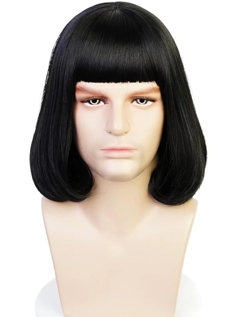 Short Straight Black Bob Wig Lord Costume Wigs with Bangs Synthetic Hair for Men Women Halloween Party