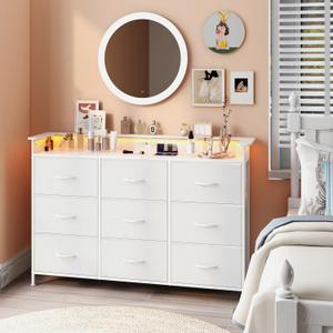 EXOTICA White Dresser with LED Light for Bedroom 9 Drawer Dressers with Charging Station Chests of Drawers for Entryway Closet Living Room Hallway Sturdy Steel Frame Wooden Top Easy Pull Handle, 12.6"D x 44.9"W x 33"H